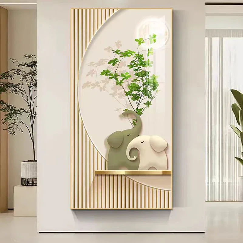 Cream Style Green Plant Elephant Canvas Painting, Modern Small Fresh Entrance Mural Corridor Wall Decor