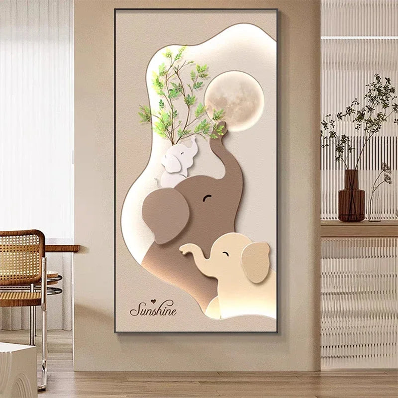 Cream Style Green Plant Elephant Canvas Painting, Modern Small Fresh Entrance Mural Corridor Wall Decor