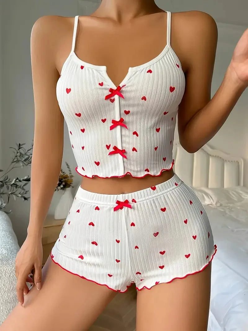 Women Pajamas Set Heart Print Soft Ribbed Fabric with Flirty Frill Trim Casual Cami Top and Shorts Sets Loungewear