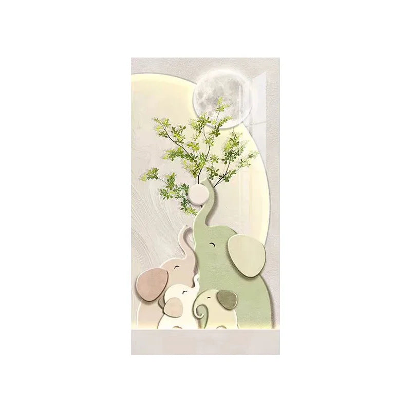 Cream Style Green Plant Elephant Canvas Painting, Modern Small Fresh Entrance Mural Corridor Wall Decor