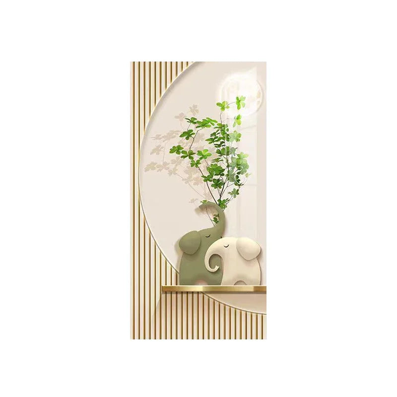 Cream Style Green Plant Elephant Canvas Painting, Modern Small Fresh Entrance Mural Corridor Wall Decor