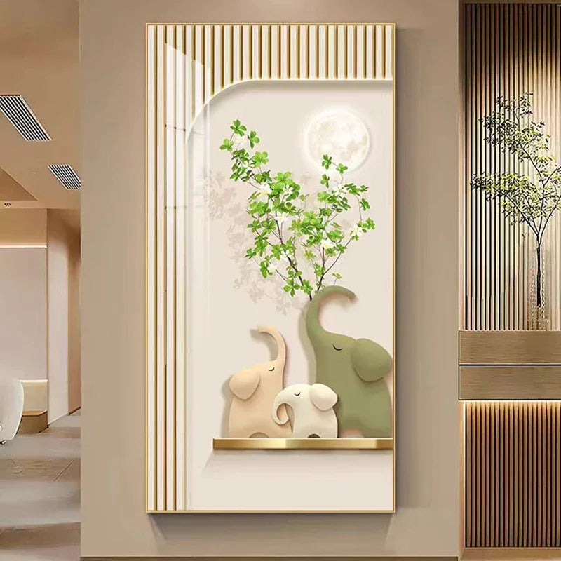 Cream Style Green Plant Elephant Canvas Painting, Modern Small Fresh Entrance Mural Corridor Wall Decor