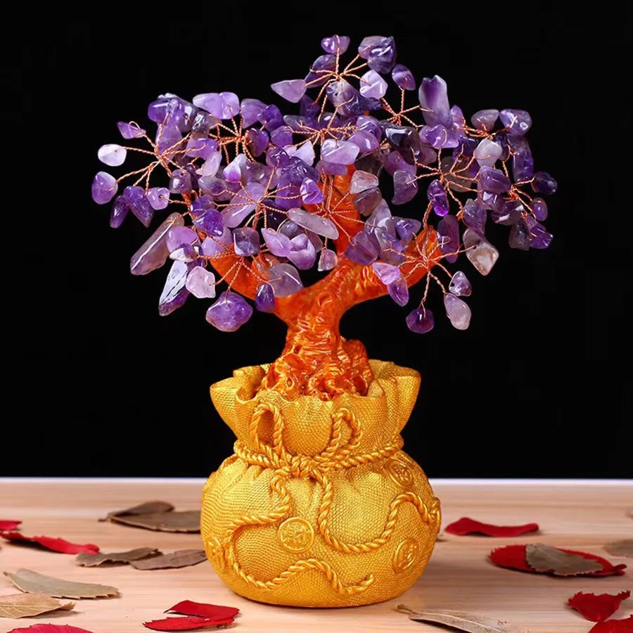 Natural Amethyst Powder Crystal Fortune Tree Office Desktop Ornaments Degaussing Meditation Healing Feng Shui Wedding Home Decor