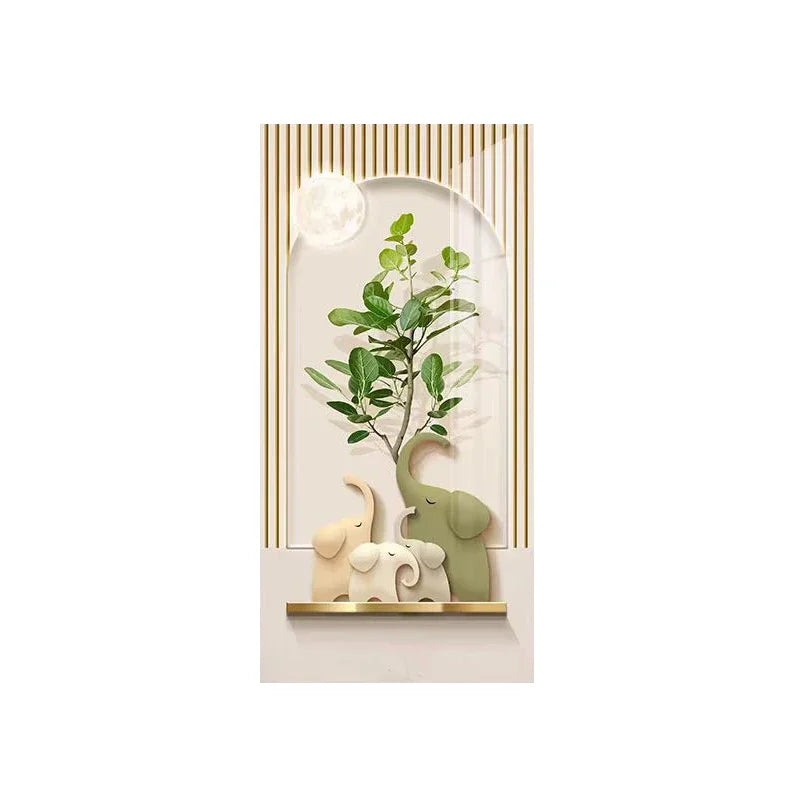 Cream Style Green Plant Elephant Canvas Painting, Modern Small Fresh Entrance Mural Corridor Wall Decor