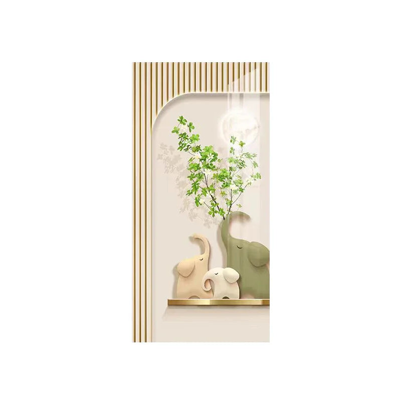 Cream Style Green Plant Elephant Canvas Painting, Modern Small Fresh Entrance Mural Corridor Wall Decor