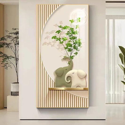 Cream Style Green Plant Elephant Canvas Painting, Modern Small Fresh Entrance Mural Corridor Wall Decor